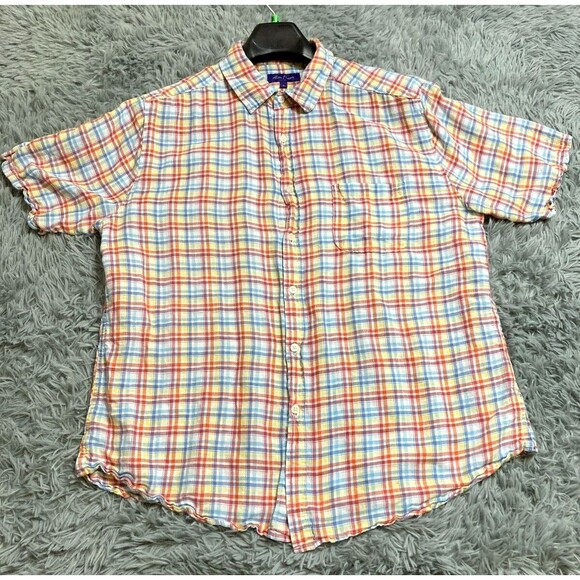 Alan Flusser  Shirt Mens XL XLarge Linen Blend Button Colorful Multicolor Plaid - Picture 1 of 10